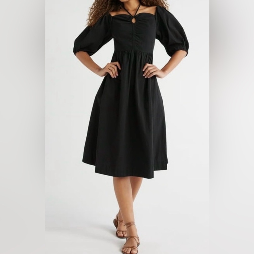 Black Puff Sleeve Midi Dress with NeckTie and pockets - Picture 4 of 4